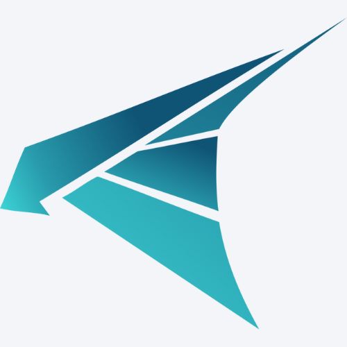 A blue paper airplane serves as the logo for the company.